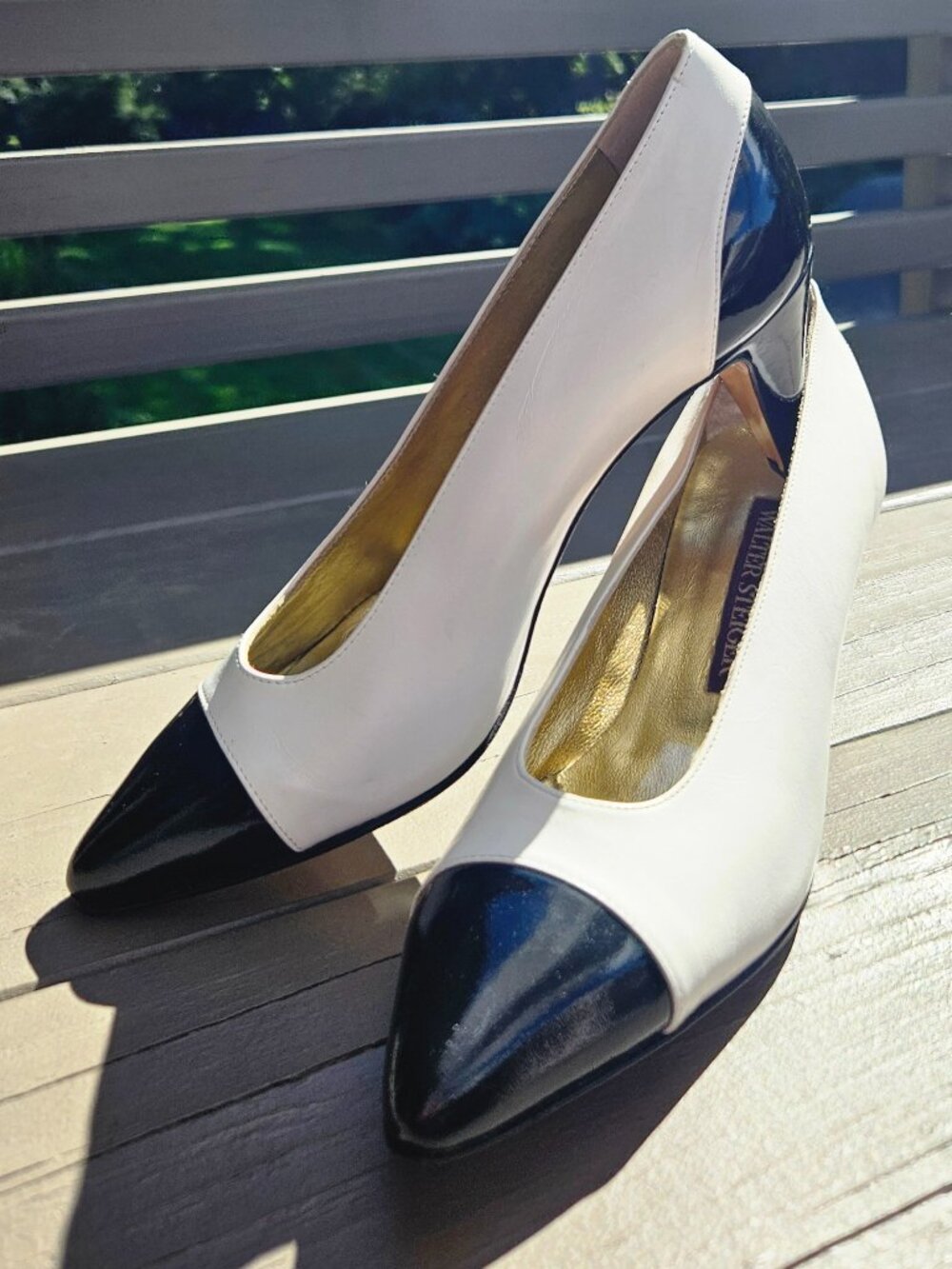 Walter Steiger White W/ Black Patent Leather Cone Heel, Made in Italy, 5 1/2